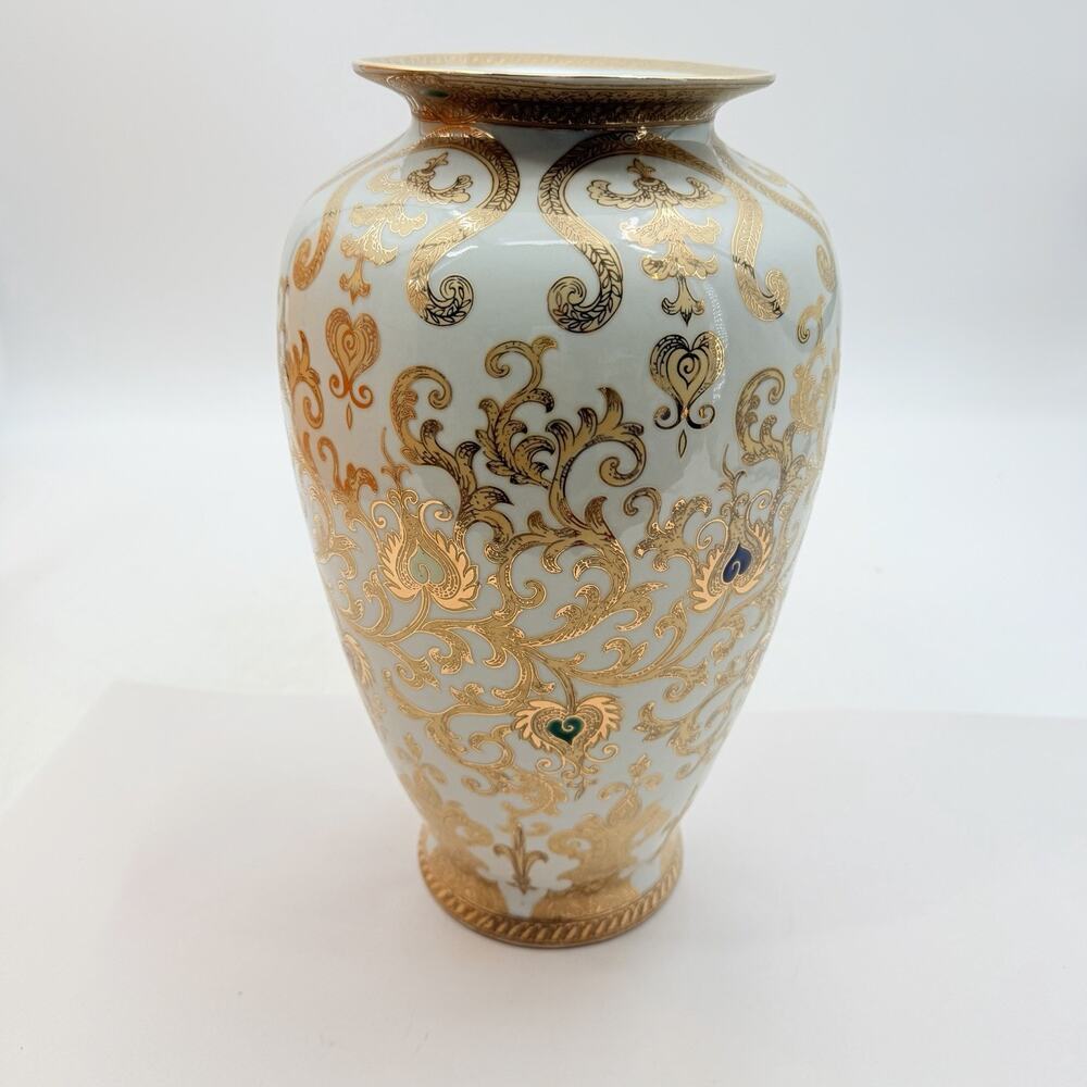 Arabesque White with Enameled Gold Flowers & Scrolls Ceramic Vase 14.5" Tall - Picture 3 of 10